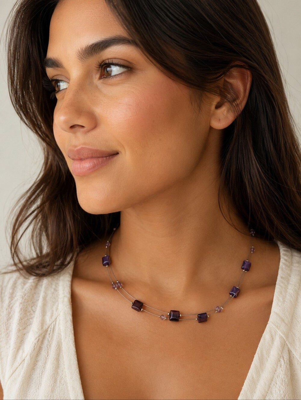 Express Vintage 90s Floating Square Purple Beaded Crystal Illusion Necklace